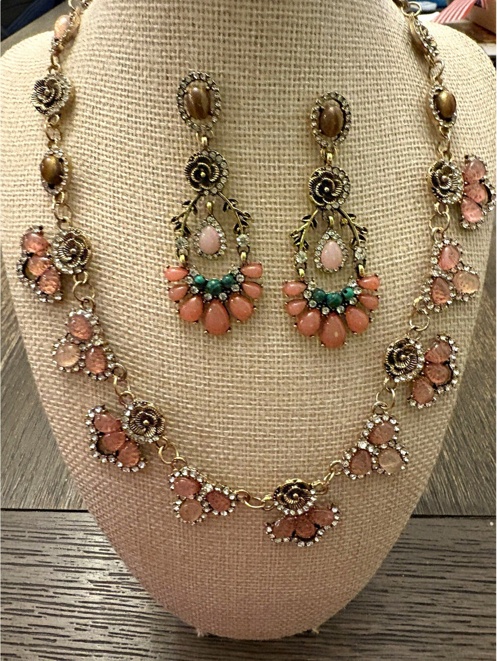 Victoria Pink Crystal Floral Necklace & Dangle Earrings Set